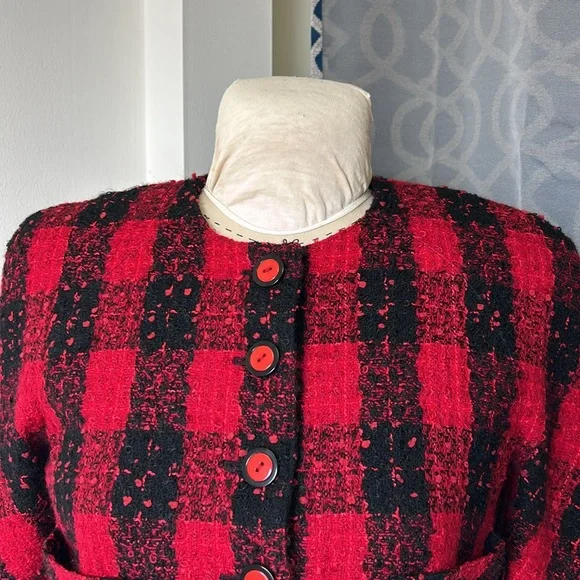 Vintage Carlisle Wool Red/Black Buffalo Check Boucle Blazer‎ Cropped Lined 6
